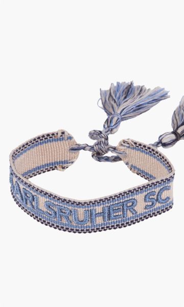 KSC Armband, hellblau-cremefarben, 90% Polyester, 10% Baumwolle, gewebtes Armband, Eingearbeiteter Schriftzug „KARLSRUHER SC“, Verstellbarer Knotenverschluss mit Quasten, Weiches, angenehmes Textilmaterial