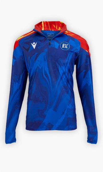 KSC Aufwärmtop Zip Langarm 25-26, Blau, 100% Polyester, Dynamisches Allover-Muster in Feueroptik in verschiedenen Blautönen, Schulterbereich mit auffälliger Flammenstruktur in Orange-Gelb, Zip mit hohen Kragen, KSC-Logo, Meine Heimat Schriftzug im Nacken,