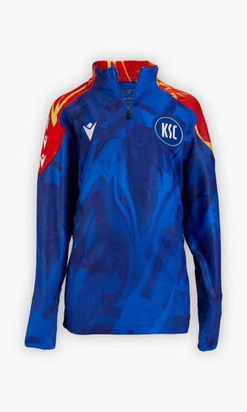 KSC Aufwärmtop Zip Langarm Kids 25-26, Blau, 100% Polyester, Dynamisches Allover-Muster in Feueroptik in verschiedenen Blautönen, Schulterbereich mit auffälliger Flammenstruktur in Orange-Gelb, Zip mit hohen Kragen, KSC-Logo, Meine Heimat Schriftzug im Na