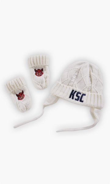 KSC Beanie-Handschuhset Baby, Weiß, Außen: 100 % Acryl, Futter: 100 % Polyester, Set aus Strick‑Beanie und passenden Fäustlingen, Fäustlinge mit Stickerei von Willi Wildpark, Mütze mit Bindebändern für sicheren Halt