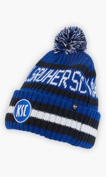 KSC Beanie, Blau-Weiß, Schwarz, Großer „Karlsruher SC“-Schriftzug in Weiß, Farblich passender Bommel, aufgesticktes KSC-Logo auf dem Umschlagrand