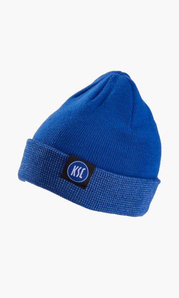 KSC Beanie, Blau, 100% Acryl, Reflektierendes Garn im Umschlagrand für bessere Sichtbarkeit im Dunkeln, KSC-Logo-Patch auf dem Umschlagrand, Weiches, angenehmes Strickmaterial, Elastische Passform für optimalen Sitz