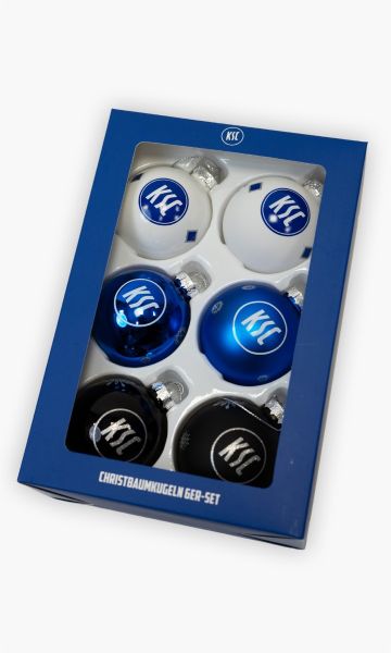 KSC Christbaumkugeln, Blau-Weiß, Schwarz, sechsteiliges Set, Hochwertige, glänzende und matte Oberflächen, jeweils mit dem KSC-Logo verziert