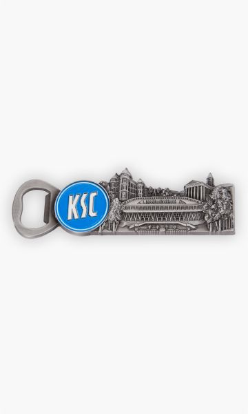 KSC Flaschenöffner Magnet, Silber, Blau-Weiß, 12,6 x 4 cm, 3D-Design mit Sehenswürdigkeiten von Karlsruhe, Stadtkirche, dem Schloss Gottesaue und unserem BBBank Wildpark, magnetisch