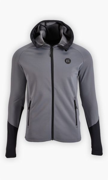 KSC Fleecejacke, Grau-Schwarz, 95 % Polyester, 5 % Elasthan, Kapuze, Reisverschluss an der Vorderseite, Seitentaschen mit Reisverschluss, KSC-Logo