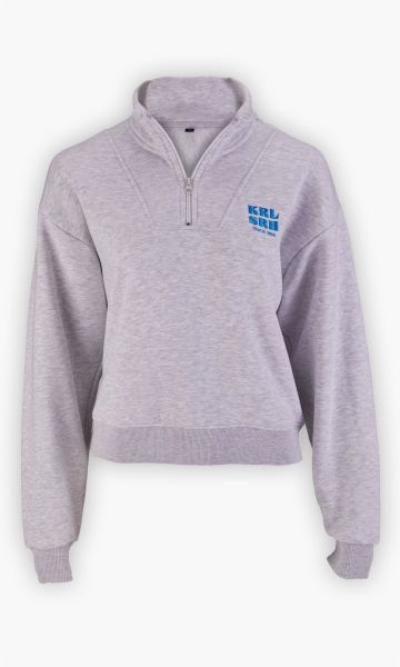 KSC Half Zip Pullover Ladies, Grau, 80 % Baumwolle, 20 % Polyester, 320g m2, Halber Reißverschluss am Kragen, Blauer „KRLSRH SINCE 1894"-Print, Gerippte Bündchen und Saum für optimale Passform
