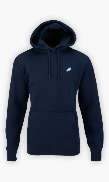 KSC Hoodie, Navyblau, 60 % Baumwolle, 40 % Polyester, aufgestickter Balkenschal in Blau-Weiß, Stickerei mit KSC-Schriftzug an Ärmel, Kängurutasche, Kapuze mit Kordelzug