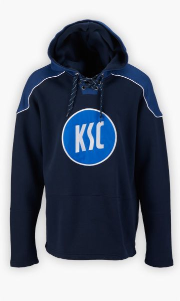 KSC Hoodie, Navyblau, Weiß, 60 % Baumwolle, 40 % Polyester, Großes, auffälliges KSC-Logo auf der Vorderseite, Lace-Up-Kapuze mit Kordelzug, Schulterpartien in Navyblau mit weißen Details