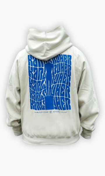 KSC Hoodie, Cremefarben, 60 % Baumwolle, 40 % Polyester, gestickter Schriftzug Karlsruher Sport-Club, Backprint mit Nacktem Mann und dynamischem Karlsruhe-Schriftzug, Kängurutasche, Kapuze 