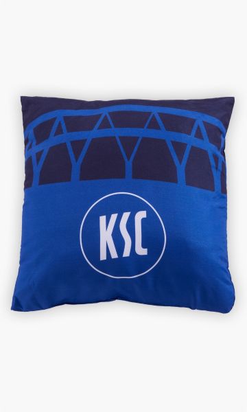 KSC Kissen, Blau, 100 % Polyester, 40x40 cm, mit stilisiertem Stadionmotiv, Großes KSC-Logo, Weiche, angenehme Oberfläche