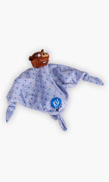 KSC Kuscheltuch, Grau, 100% Polyester, Extraweiches Kuscheltuch mit Willi‑Wildpark‑Plüschkopf, Sanfter Stoff mit Sternchenmuster, Vier geknotete Ecken zum Greifen, Spielen und Festhalten, Mit KSC‑Logo
