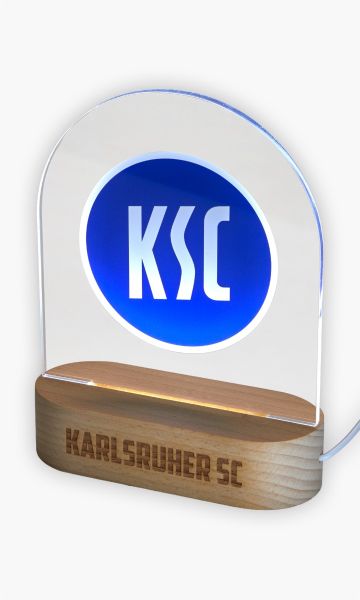 KSC LED Leuchte, Blau-Weiß, Holz, Acryl, Kunststoff, LED-Leuchte mit KSC-Logo, Acrylscheibe mit klarer Lichtkante, Holzsockel mit graviertem „Karlsruher SC“ Schriftzug