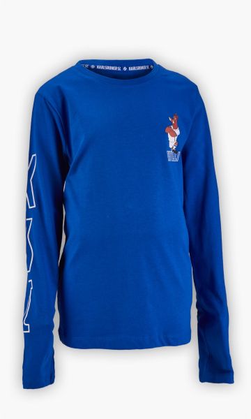 KSC Longsleeve Kids Blau 100% Bio-Baumwolle Großer KSC-Schriftzug auf dem rechten Ärmel Willi Wildpark-Motiv "KARLSRUHER SC" Print im Nackenbereich