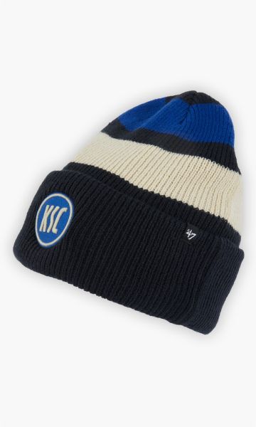 KSC Mütze 47 Blau-Weiß, Schwarz, 100 % Polyester, gesticktes KSC-Logo, auf der Vorderseite, Streifendesign, Umschlagrand