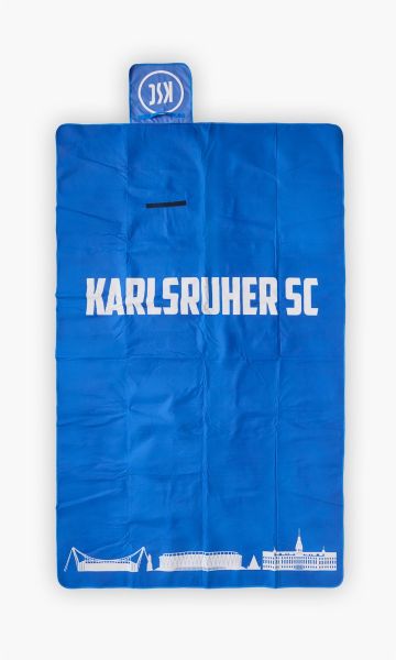 KSC Picknickdecke, Navyblau, 100% Polyester Fleece oben, 100 % Polyethylenvinylacetat unten, großer KARLSRUHER SC Schriftzug, KSC-Logo, Karlsruher Wahrzeichen, weich gefüttert, wasserabweisend, faltbar mit Klettverschluss und Tragegriff