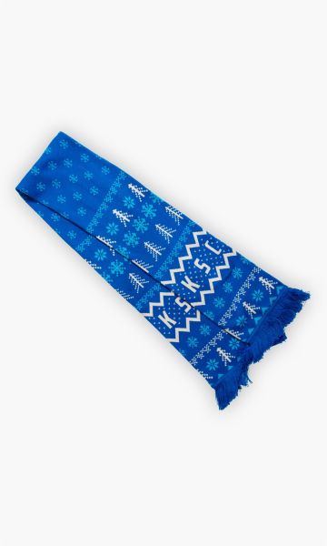KSC Schal, Blau-Weiß, 100 % Bio-Baumwolle, X-Mas Kollektion 2025, Weihnachtliches Muster mit Tannen und Schneeflocken, KSC Schriftzug, Fransen an den enden, beidseitig bedruckt