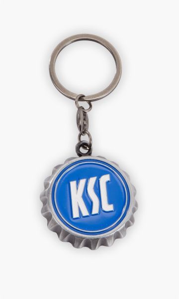 KSC Flaschenöffner, Blau-Weiß, 100 % Zinklegierung, mit Flaschenöffner auf der Rückseite, KSC-Logo, Schlüsselring, Kronkorken-Optik