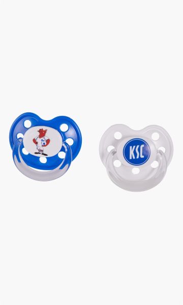 KSC Schnuller, Blau-Weiß, Tritan, Silikon, BPA- und BPS-freies Silikon, 2er‑Set Schnuller mit unterschiedlichen Motiven, Ein Schnuller mit KSC‑Logo, ein Schnuller mit, Willi‑Wildpark‑Motiv, Blau-Weiße und transparente Farbgestaltung, Mit Belüftungslöchern