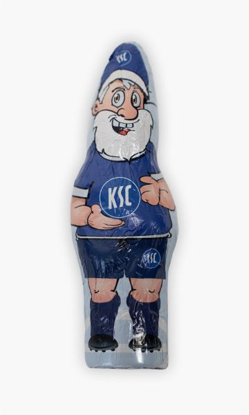 KSC Schoko-Weihnachtsmann, 70g Edelmilchschokolade, Verpackung im typischen KSC-Look mit Blau-Weiß und KSC-Logo