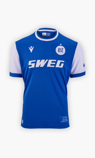 KSC Trikot Pokal Kids 25-26, Blau-Weiß, 100% Polyester, Pokaltrikot, Trikot vom DFB-Pokal 1955 und 1956 nachempfunden, mit weiß abgesetzter Rundhalsausschnitt, Ärmel in Weiß, KSC-Logo in Weiß, Meisterstern