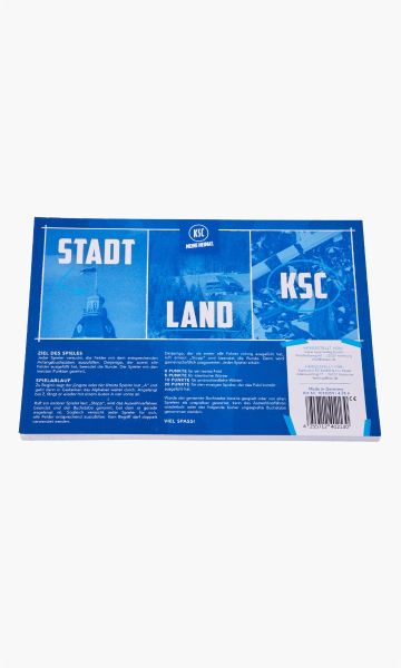 KSC Spiel Stadt, Land, KSC, Blau-Weiß, Papier, Spielblock im KSC‑Design, Kategorienmix aus „Stadt“, „Land“ oder „Gewässer“ sowie vereinsbezogenen Feldern wie „Spielername“, „rote Karte – wofür?“, „Fußballbegriff“ oder „Typisch für Karlsruhe“, Übersichtlic