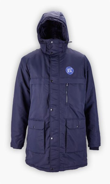 KSC Stadionjacke Navyblau 100% Polyester KSC-Logo verstellbare Kapuze Brusttasche mit Reisverschluss verschließbare Seitentaschen Wetterfest