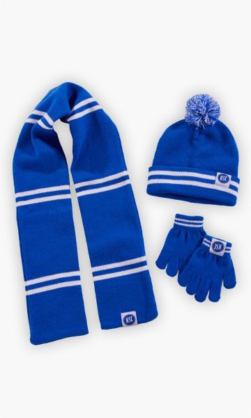 KSC Strickset Kids, Blau-Weiß, 100% Acryl, Set bestehend aus Mütze, Schal und Handschuhen, Design in Blau mit weißen Streifen, Bommelmütze
