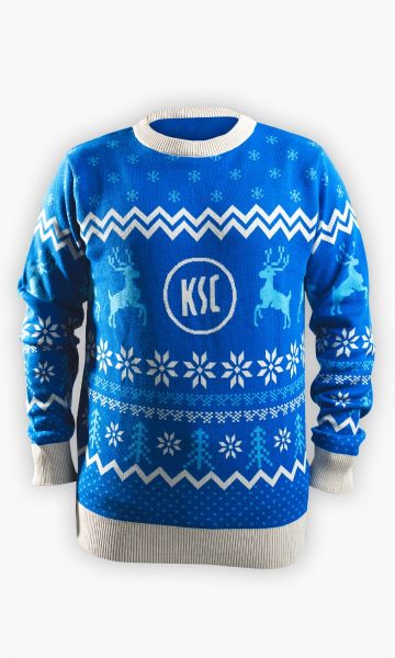 KSC Sweater, Blau-Weiß, 100 % Bio-Baumwolle, X-Mas Kollektion 2025, Weihnachtliches Muster mit Rentieren, Schneeflocken und Tannen, Rundhalsausschnitt
