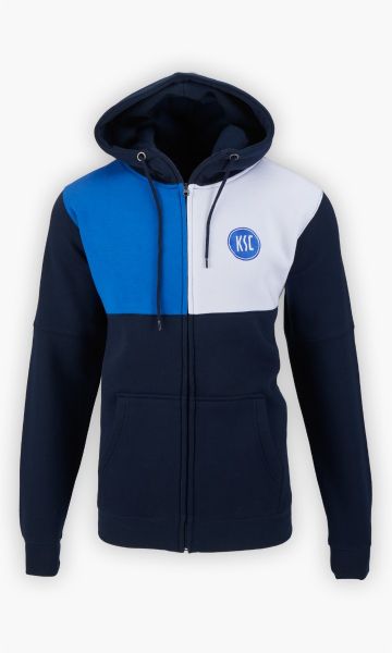 KSC Sweatjacke, Dunkelblau, Hellblau, Weiß, 60 % Baumwolle, 40 % Polyester, dreifarbig, Kapuze mit Kordelzug, zwei Frontaschen, Reisverschluss, gesticktes KSC-Logo