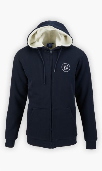 KSC Sweatjacke, Navyblau, 60 % Baumwolle, 40 % Polyester, Innenfutter: 100 % Polyester, Dezente Konturenstickerei des KSC-Logos, Kapuze mit Kordelzug, Weiches Innenfutter in Cremefarben, Praktischer Frontreißverschluss, Taschen auf der Vorderseite