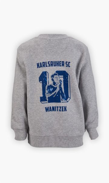 KSC Sweatshirt Kids, Grau, 100 % gekämmte ringgesponnene Bio-Baumwolle, Rückseite Flockdruck KARLSRUHER SC 10 mit Jubelbild und WANITZEK-Schriftzug, aufgedruckte Unterschrift vorne