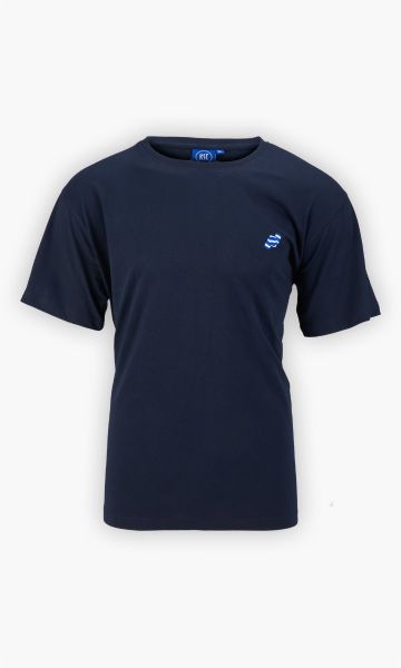 KSC T-Shirt, Navyblau, 100 % Baumwolle, aufgestickter Balkenschal in Blau-Weiß, dezentes KSC-Logo im hinteren Nackenbereich, Rundhalsausschnitt