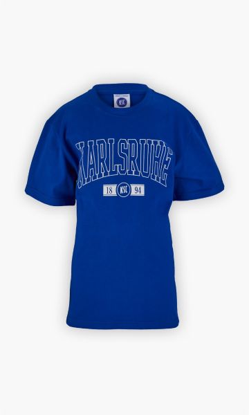 KSC T-Shirt Kids, Royalblau, 100 % Baumwolle, Großer „KARLSRUHE“-Schriftzug in Weiß auf der Vorderseite, KSC-Logo mit „1894“-Details, Rundhalsausschnitt