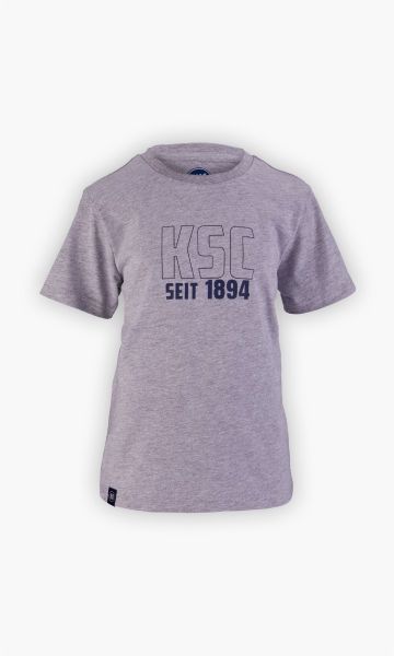 KSC T-Shirt, Grau, 100 % Baumwolle, Frontprint mit „KSC – Seit 1894“, Etikett mit KSC-Logo und zusätzlich im Nackenbereich innen, Rundhalsausschnitt
