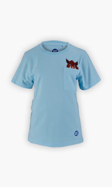 KSC T-Shirt Kids, Hellblau, 100 % Baumwolle, Mit aufgedrucktem Willi-Wildpark-Motiv über der Brusttasche, KSC-Logo auf der Vorderseite und zusätzlich im Nackenbereich innen, Rundhalsausschnitt