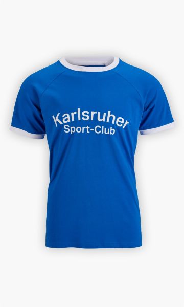 KSC T-Shirt, Blau, 100 % Baumwolle aus Biologischer Herkunft, Retro-Design, Rundhalskragen und Ärmelbündchen in weiß, „Karlsruher Sport-Club“-Schriftzug auf der Vorderseite