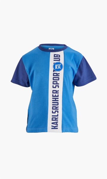 KSC T-Shirt, 100% Baumwolle, hellblau, dunkelblau, Kids, Zweifarbiges Design in Hellblau und Dunkelblau, Dunkelblau an Ärmeln und Rundhalsausschnitt, Breiter weißer Mittelstreifen mit „KARLSRUHER SPORT‑CLUB“, Rundes KSC‑Logo auf der Brust