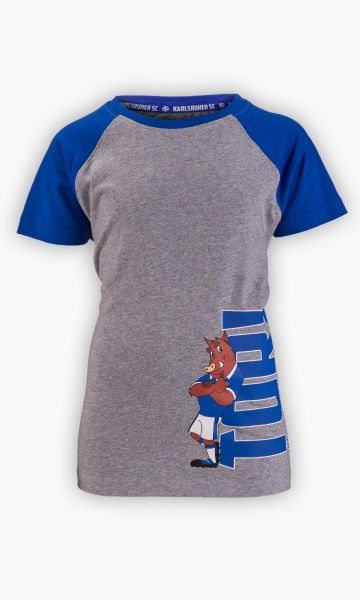 KSC T-Shirt Kids Grau 100% Bio-Baumwolle Willi Wildpark-Motiv Schriftzug "TOR!" Rundhalskragen und Ärmel in Blau "KARLSRUHER SC" Print im Nackenbereich