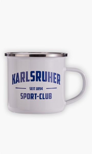 KSC Tasse, Weiß mit silbernem Rand, Emaille, KSC-Logo mit Schriftzug Karlsruher Sport-Club Seit 1894, 0,3 Liter Fassungsvermögen