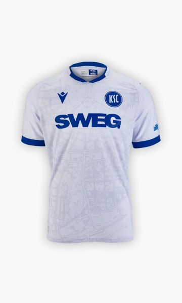KSC Trikot Auswärts 25-26 Kids, Weiß, 100% Polyester, Stadtplan von Karlsruhe, blaue Akzente an Kragen und Ärmel, KSC-Logo, Fidelitas-Wappen, Zeilen aus dem Lied Für immer KSC, Rückennummer im Retro-Stil
