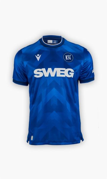 KSC Trikot Heim 25-26 Kids, Blau-Weiß, 100% Polyester, glänzender Stoff, Muster aus Dreiecken und Pfeilen, Blau-Schattierungen, "Meine-Heimat"-Schriftzug, Rückennummer im Retro-Stil