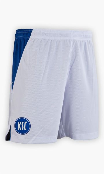 KSC Trikothose Auswärts 25-26, Weiß, 100% Polyester, atmungsaktives Material, texturierter Stoff, elastischer Bund, KSC-Logo gestickt, blaue Seitenstreifen