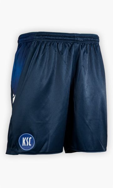 KSC Trikothose Ausweich 25-26, Stahlblau, 100% Polyester, atmungsaktives Material, glänzender Stoff, elastischer Bund, KSC-Logo gestickt, Seitenstreifen im helleren Blau