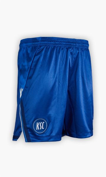 KSC Trikothose Heim 25-26 Kids, Blau-Weiß, 100% Polyester, glänzender Stoffelastischer Bund, KSC-Logo gestickt, Muster aus Dreiecken und Pfeilen seitlich