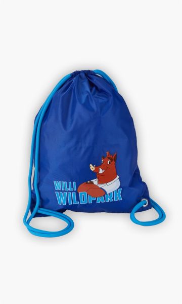 KSC Turnbeutel Blau 100% Polyester Willi Wildpark aufgedruckt als Bild und Schriftzug langer Kordelzug