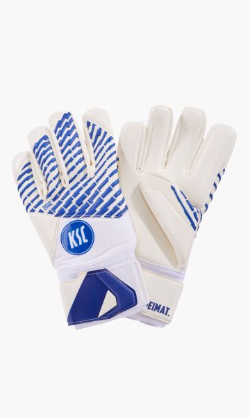 KSC Torwarthandschuhe, Blau-Weiß, 82% Elastodien, 8% Polyester, 6% Polypropylen, 4% Nylon, Design in Blau-Weiß mit KSC Logo, Superweicher Latex für maximalen Grip, Atmungsaktives, angenehmes Textilmaterial, Latex‑Wickelgurt und Vollverband für sicheren Ha