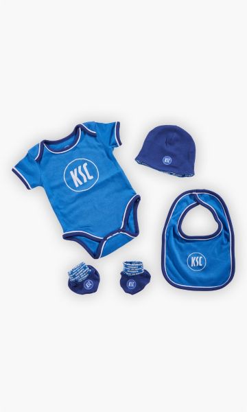 KSC Baby Geschenkbox, Blau-Weiß, 4-teilig, Body, Wendemütze mit zwei Designs, All-Over-Print mit Schriftzügen "Karlsruher SC", "Meine Heimat", "1894", Lätzchen, Paar Schühchen, KSC-Logo