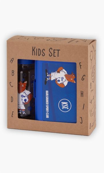 KSC Pausenset Kids Blau Kunststoff, Tritan Setinhalt: Brotdose Blau, Trinkflasche Transparent Blauer Deckel Willi Wildpark-Motiv KSC-Logo Allover-Print
