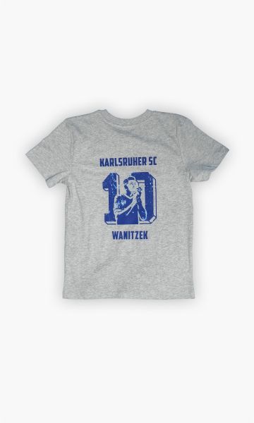 KSC T-Shirt Kids, Grau, 100% gekämmte ringgesponnene Bio-Baumwolle, Rückseite Flockdruck KARLSRUHER SC 10 mit Jubelbild und WANITZEK-Schriftzug, aufgedruckte Unterschrift vorne