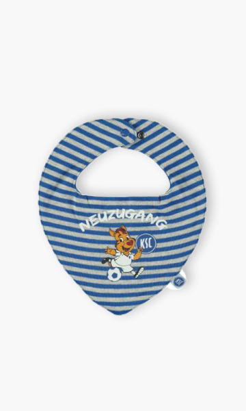 KSC Halstuch Baby Blau-Weiß 100% Baumwolle Schriftzug "Neuzugang" Willi Wildpark-Motiv Blau-Weiß gestreift Druckknopf 